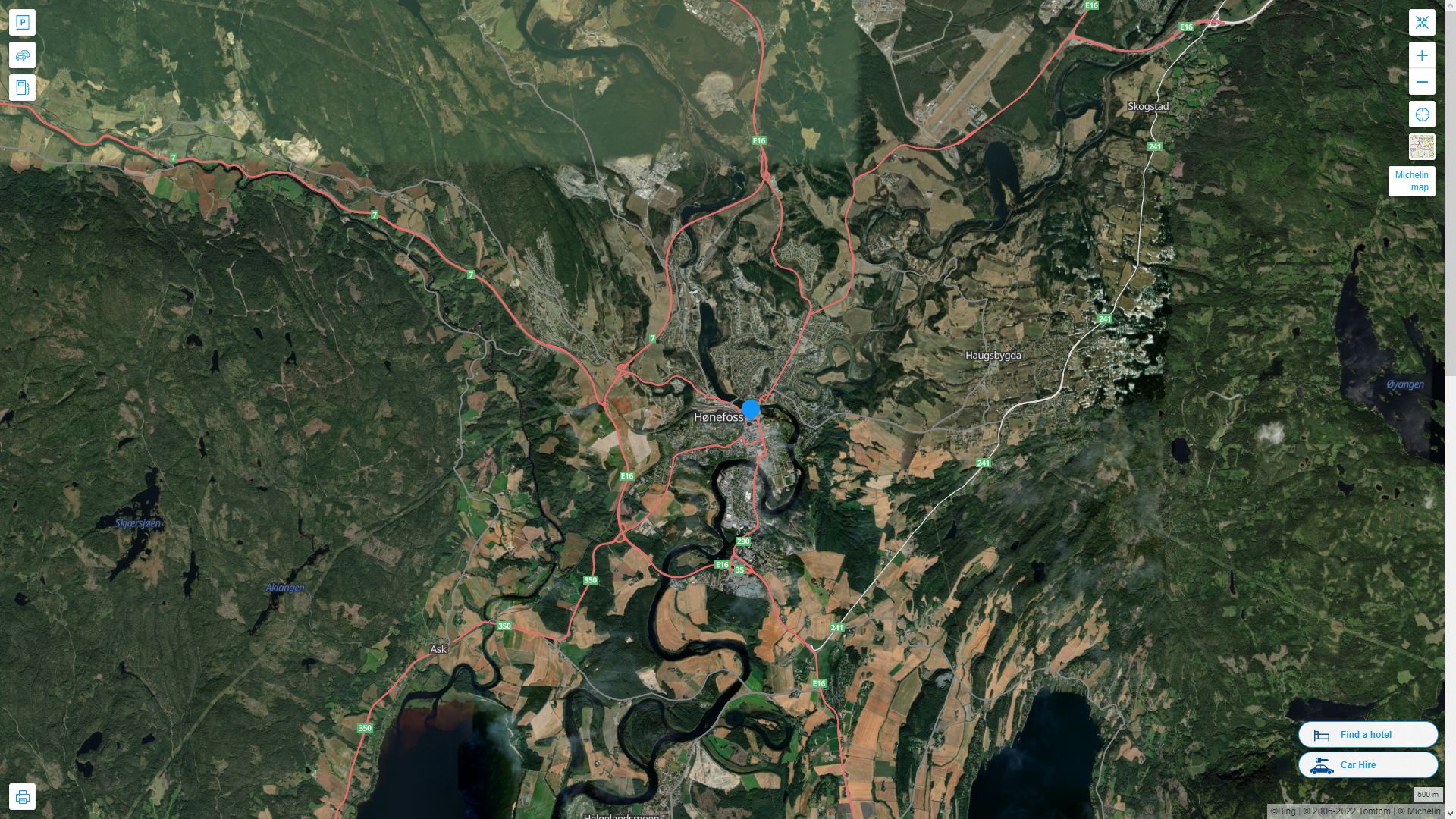 Honefoss Highway and Road Map with Satellite View